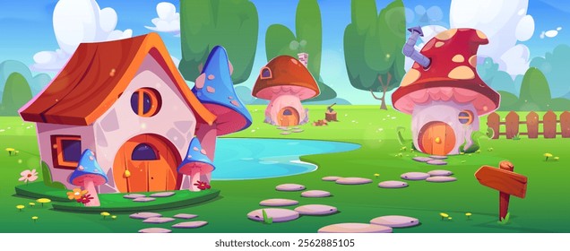 Fairy tale landscape with gnome or animal mushroom houses - elf cottage with roof, blue spotted toadstools, tiny brown dwelling near lake. Fantasy village scene with stones path, wooden fence, flowers