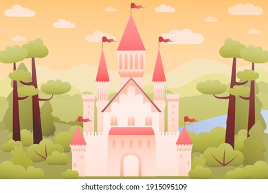 Fairy tale landscape with medieval fantasy pink castle, colourful hills, magical sky, illustration for games or children books, dreamlike royal mansion