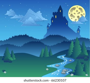 Fairy tale landscape at night 1 - vector illustration.