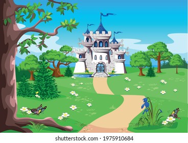 Fairy tale landscape with a path leading to the castle for the beautiful princess and prince with towers and gates. Vector illustration of a magic castle in the forest.