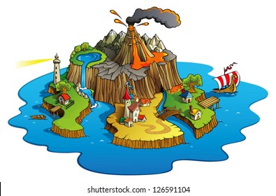 Fairy tale landscape, wonder island with town and villages, cartoon vector illustration