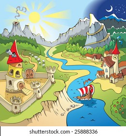 Fairy tale landscape, wonder land with castle and town, cartoon vector illustration