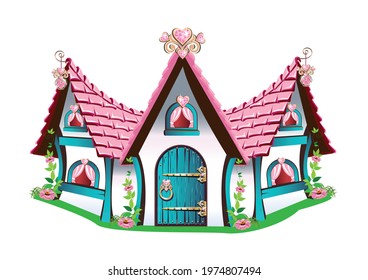 Fairy tale little house with a pink roof and hearts made of precious stones. Fairy tale background vector illustration in cartoon style isolated on white background.