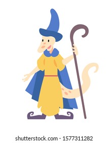 Fairy tale lizard wearing wizard hat and cloak holding staff 