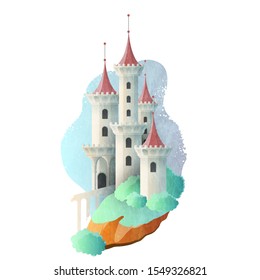 Fairy tale magic castle with high towers. Vector illustration