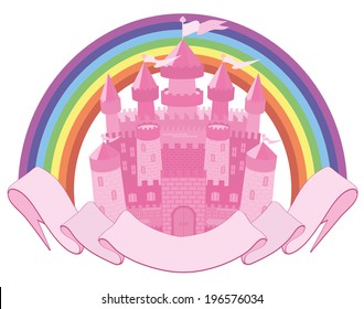 Fairy Tale  magic castle and rainbow, vector illustration