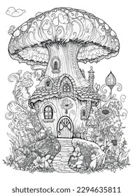 Fairy Tale magic house vector coloring book black and white for adults isolated line art on white background.