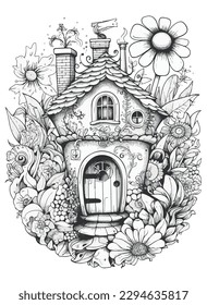 Fairy Tale magic house vector coloring book black and white for adults isolated line art on white background.