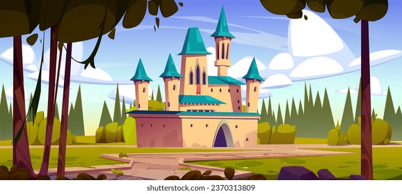 Historia de hadas magia castillo medieval de fondo vectorial de la caricatura. Viejo palacio real cerca del bosque en la pradera. Fortaleza real con torre y bandera en verano. El exterior y el paisaje de la arquitectura alemana