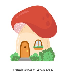 Casa de setas mágicas de cuento de hadas. Caricatura en casa pequeña para el elfo o el enano. Cuto tema de fantasía forestal. Ilustración vectorial aislada en fondo blanco.