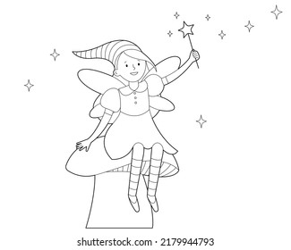 Fairy tale fairy with  magic wand is sitting on  large mushroom for  coloring book. Contour linear illustration.  Coloring book for kids. Vector illustration 