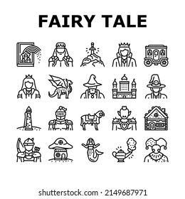 Fairy Tale Magical Story Book Icons Set Vector. Fairy Tale Witch And Goblin, Kingdom Castle Building Gingerbread House, Magic Dragon Animal And Horse, Djinn Lamp And Sword Black Contour Illustrations