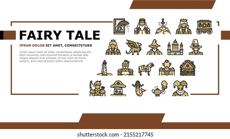 Fairy Tale Magical Story Book Landing Web Page Header Banner Template Vector. Fairy Tale Witch And Goblin, Kingdom Castle Building Gingerbread House, Magic Dragon Horse, Djinn Lamp Sword Illustration