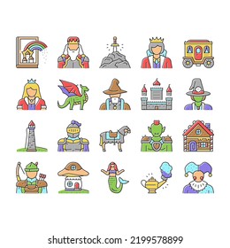 Fairy Tale Magical Story Book Icons Set Vector. Fairy Tale Witch And Goblin, Kingdom Castle Building And Gingerbread House, Magic Dragon Animal And Horse, Djinn Lamp And Sword Color Illustrations