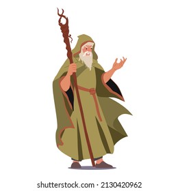 Fairy Tale Magician, Wizard Character Wear Long Robe, Cape with Hood Holding Wooden Magic Staff. Warlock with Grey Beard Male Spell Isolated on White Background. Cartoon People Vector Illustration