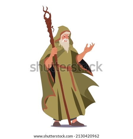 Fairy Tale Magician, Wizard Character Wear Long Robe, Cape with Hood Holding Wooden Magic Staff. Warlock with Grey Beard Male Spell Isolated on White Background. Cartoon People Vector Illustration Сток-фото © 