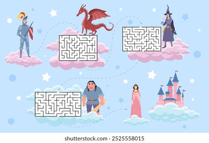 Laberinto de cuentos de hadas. Juego intelectual y lógico para niños. Entretenimiento y diversión, ocio. Educación preescolar con dragón, bruja, caballero, troll y princesa. Ilustración vectorial plana