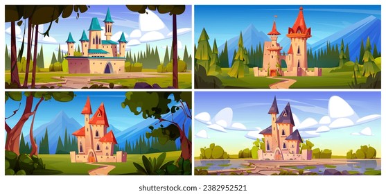 Fairy tale medieval castle cartoon background landscape set. Magic princess palace for fantasy fairytale illustration. Kingdom chateau building with tower in forest near mountain. Summer valley design