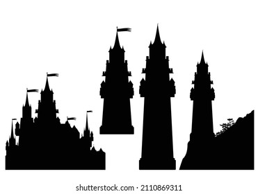 fairy tale medieval castle with flags and detailed skyline - medieval fantasy fort tower black and white vector silhouette set