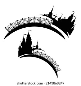 fairy tale medieval castle with flags, bridge span and detailed skyline - medieval fantasy royal residence black and white vector silhouette set
