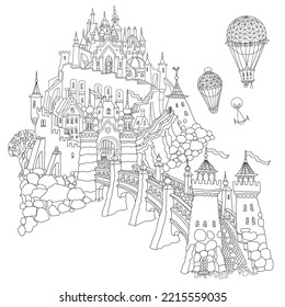 Fairy tale medieval castle on a hill, fantasy aerostat, river, stone arch bridge. Сhildren and adults сoloring book page