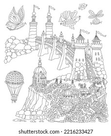 Fairy tale medieval castle on a hill, fantasy aerostat, river, stone arch bridge, walking ladies and horse carriage. Сhildren and adults сoloring book page