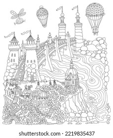 Fairy tale medieval castle on a hill, fantasy aerostat, river, stone arch bridge, walking ladies and horse carriage. Сhildren and adults сoloring book page