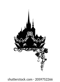 fairy tale medieval castle and royal crown with rose flowers decor - black and white vector design for legendary monarch