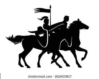 fairy tale medieval king riding horse with banner man at his side - black and white horsemen vector silhouette design 