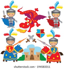 Fairy tale medieval knight, princess and dragon vector illustration