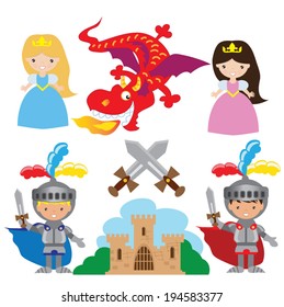 Fairy tale medieval knight, princess and dragon vector illustration