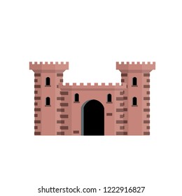 Fairy tale medieval knight's castle. Towers, walls and gates. European architecture. Protection and reliability. Cartoon flat illustration
