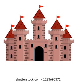 Fairy tale medieval knight's castle. Towers, walls and gates. European architecture. Protection and reliability. Cartoon flat illustration
