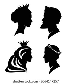 Fairy Tale Medieval Royal Family - Queen, Princess, King And Prince Profile Head Wearing Crown Black Vector Side View Portrait Silhouette Set