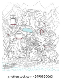 Fairy tale mountain landscape with volcanoes, Dragons kitchen in the cave. Geothermal water source, underground heat concept. Coloring book page