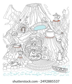 Fairy tale mountain landscape with volcanoes, Dragons kitchen in the cave. Geothermal water source, underground heat concept. Coloring book page