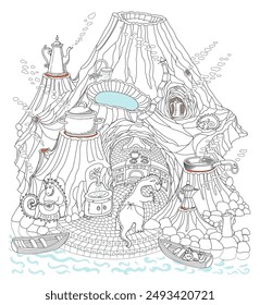 Fairy tale mountain landscape with volcanoes, Dragons kitchen in the cave. Geothermal water source, underground heat concept. Coloring book page