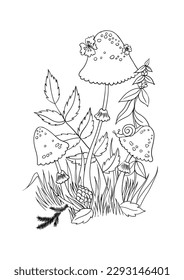 Fairy tale mushroom coloring page line illustration