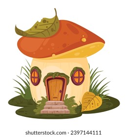 Fairy tale mushroom house. Cartoon mushroom tiny house, cute little fairy or gnome home flat vector illustration. Fantasy mushroom cottage