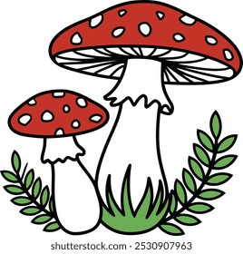 Fairy Tale Mushrooms with Green Leaves and Grass Illustration