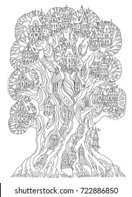 Fairy tale oak tree with castle, old medieval town, fantasy houses. Hand drawn sketch. T-shirt print. Album cover. Coloring book page for adults and children. Black and white