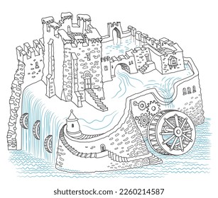 Fairy tale old medieval castle on the lake with a fantasy system of water mill wheels and hydroelectric power plants. Vector contour thin line illustration, Coloring book page