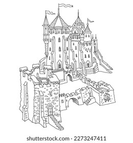 Cuento de hadas del viejo castillo medieval. Ilustración de línea delgada del contorno del vector, página del libro de coloreado