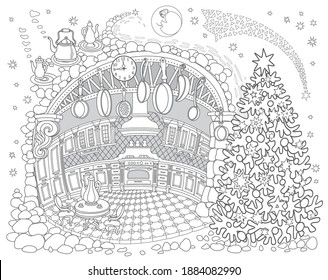 Fairy tale old medieval Kitchen in the family apartment with Cristmas Fir Tree. New Year and Christmas greeting, invitation card background, Vector contour thin line illustration. Adults coloring book