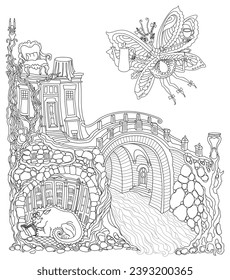 Fairy tale old medieval town, underground shelter for dragon family. Butterfly barista serves coffee pot and cups to table on terrace. Adults coloring book page