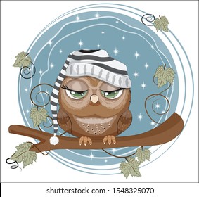 fairy tale Owl with green eyes in cap, sleep on branch in night sky. Picture in hand drawing cartoon style, for t-shirt print, wear fashion design, greeting card, party invitation