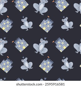 Fairy tale pattern with frogs and castles for children's design.