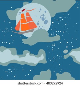 Fairy tale pattern with ship at night sky