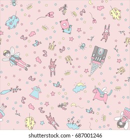 Fairy tale pattern and winged characters  the castle  unicorn  Doodle vector illustration in simple childish style 