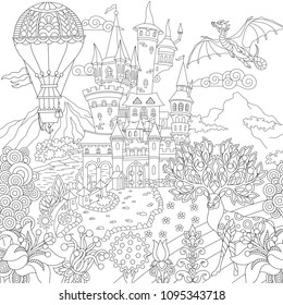 Fairy tale picture. Fairytale landscape with vintage castle, dragon, magic deer, hot air balloon. Coloring Page. Adult Coloring Book idea. Antistress freehand sketch drawing.